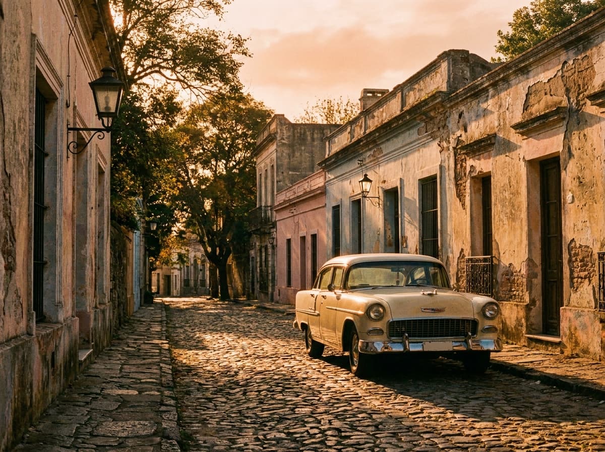 Carro antigo numa rua de pedra do centro histórico de Colonia del Sacramento