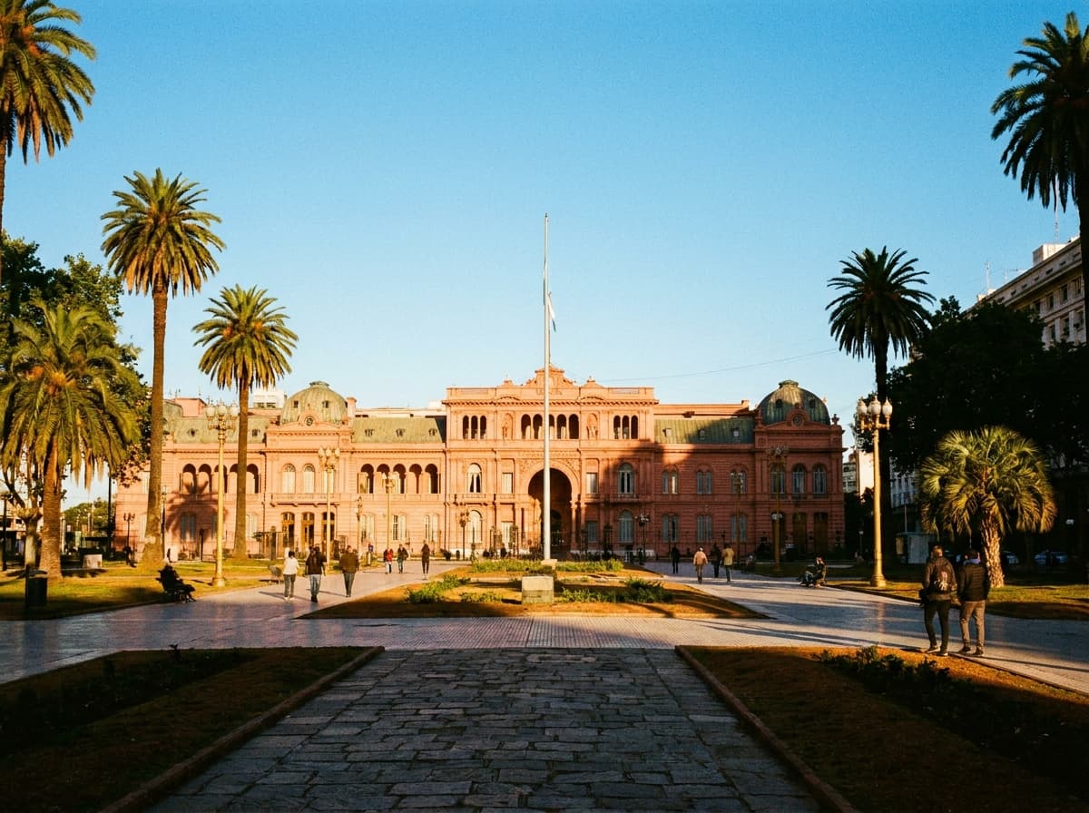Grupo de turistas caminhando pela Plaza de Mayo, Buenos Aires