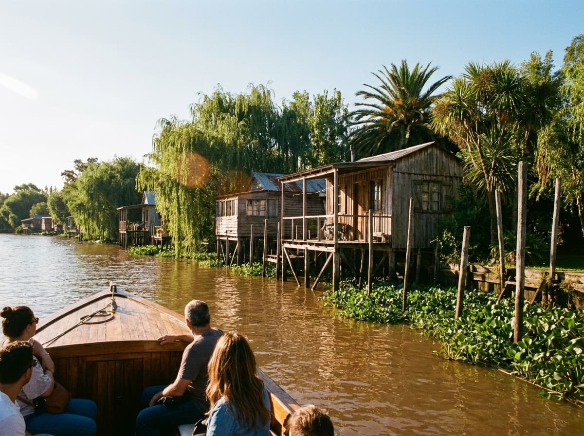 Casas de madeira à beira d'água no Delta do Tigre